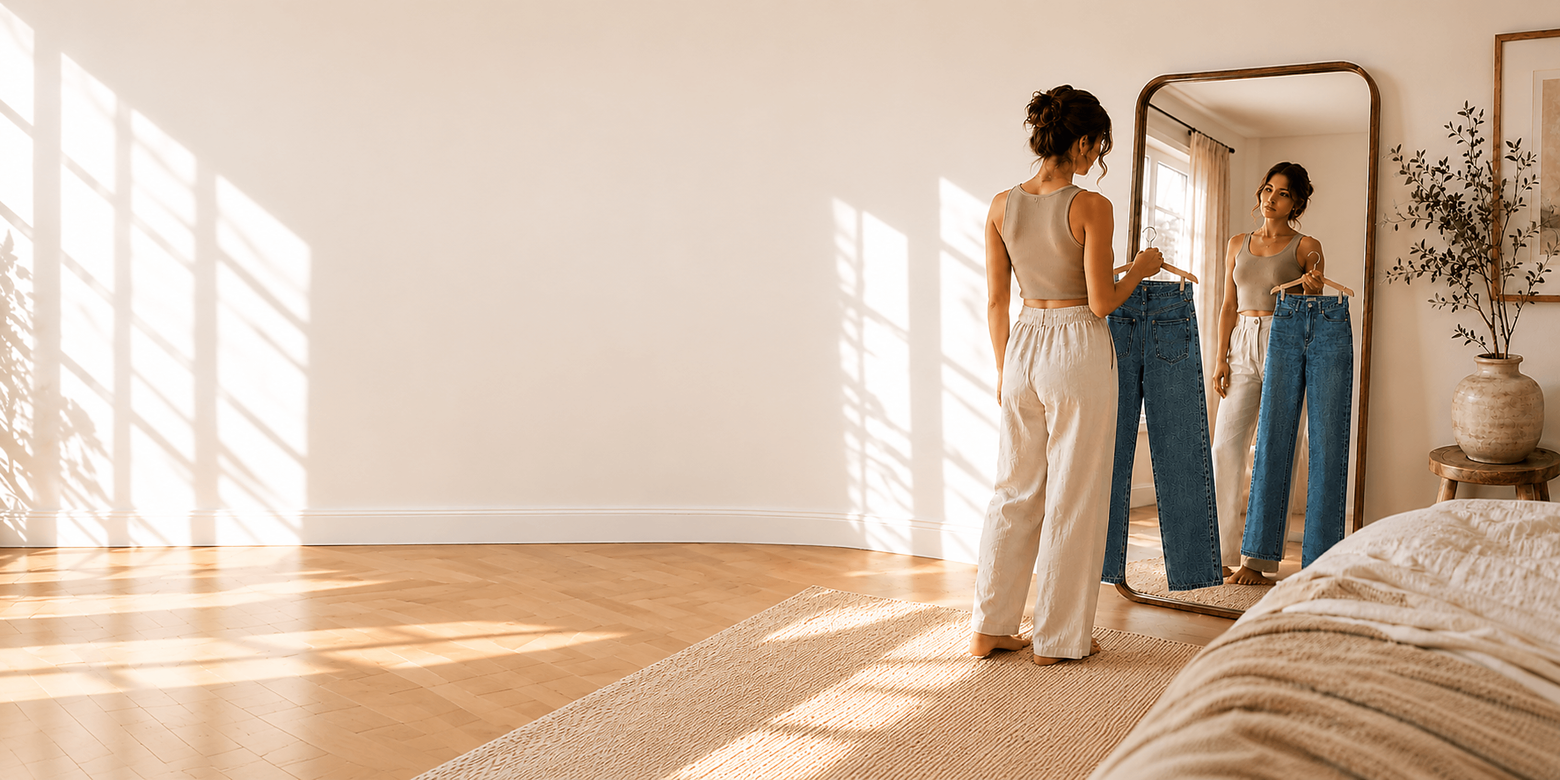 Woman holding jeans in front of a mirror in a sunlit bedroom